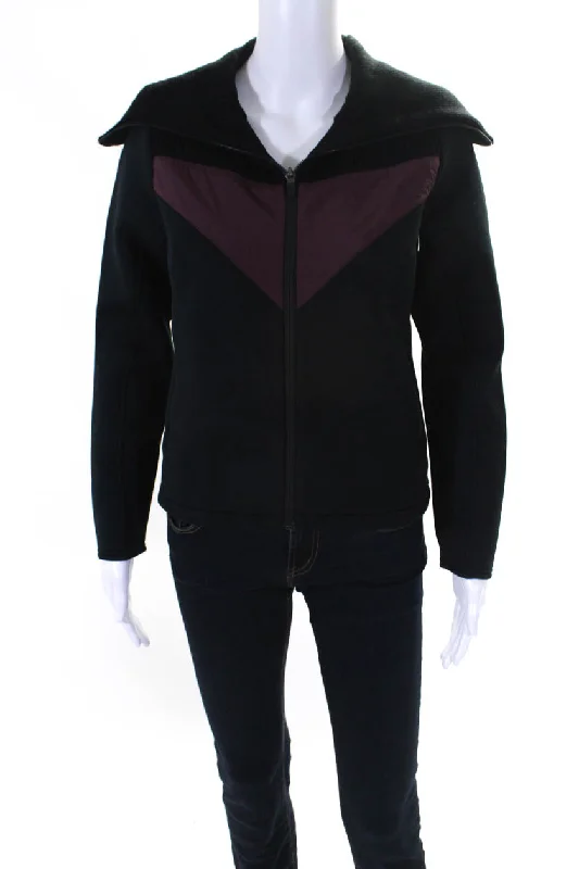 casual linen jacket for women -Aether Womens Ribbed Knit Neoprene Full Zip Jacket Black Purple