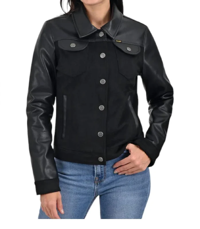 women's hooded winter jacket -Faux Leather Trucker Jacket In Black