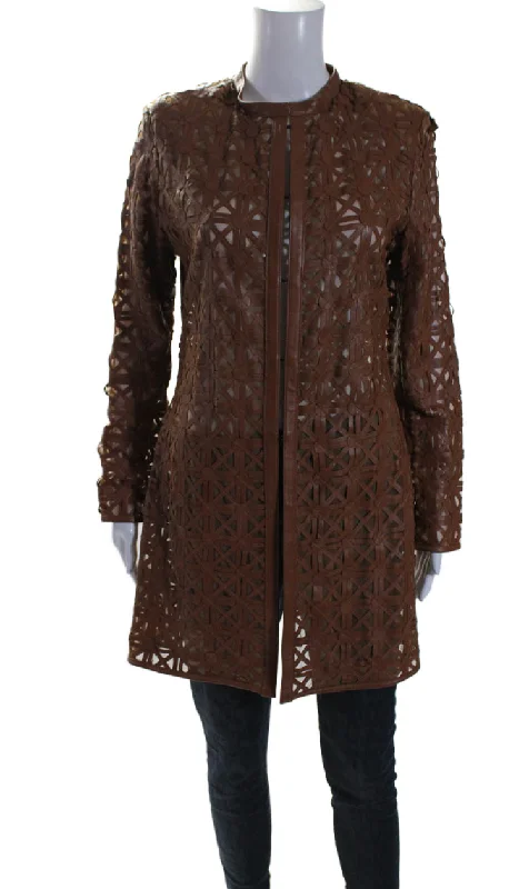 ladies' soft knit cardigan coat -In Transit 2 Womens Brown Leather Mesh Crew Neck Long Sleeve Jacket