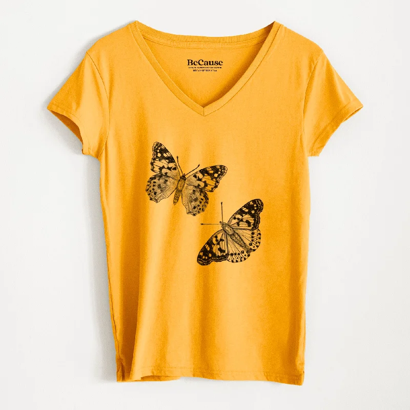 women's minimalist turtleneck top -Painted Lady Butterflies - Women's 100% Recycled V-neck