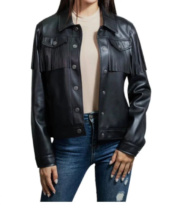 oversized women's coat -Faux Leather With Fringe Trucker Jacket In Black