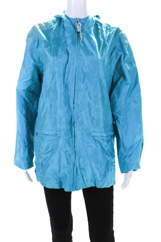 ladies' longline puffer coat -Missoni Womens Teal Silk Full Zip Hooded Long Sleeve Windbreaker Jacket