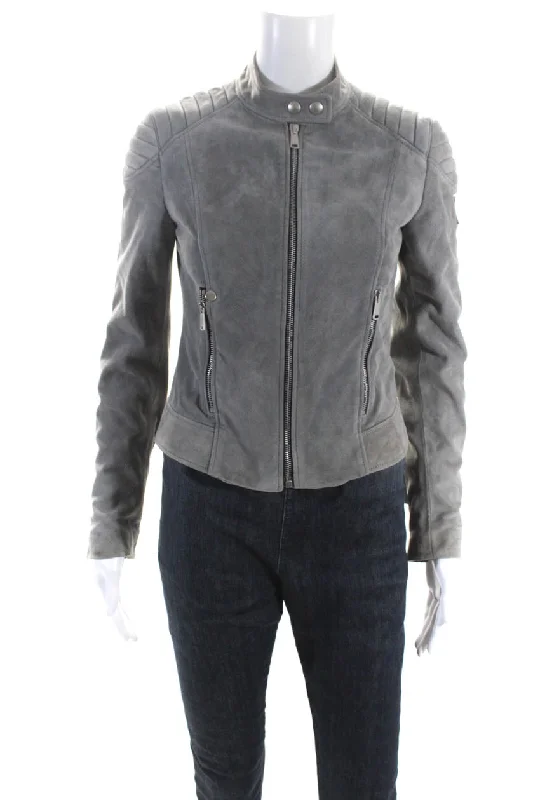 women's fur-trimmed parka -Belstaff Womens Leather Zipped Button Long Sleeve Mock Neck Jacket Gray