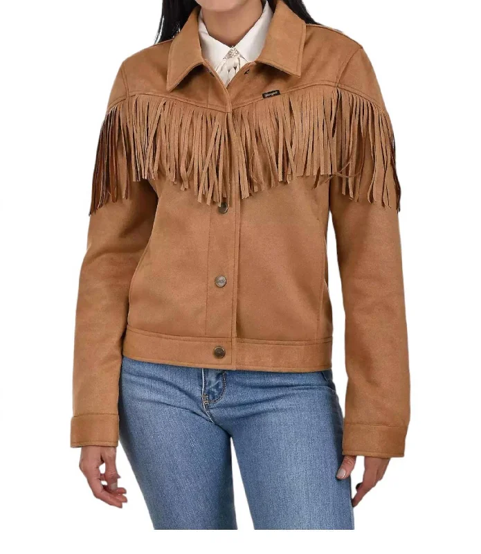 winter-ready women's parka -Faux Suede With Fringe Trucker Jacket In Mid Brown