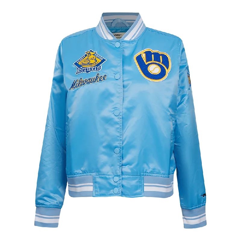 luxury designer winter coat for women -MLB MILWAUKEE BREWERS RETRO CLASSIC WOMEN'S RIB SATIN JACKET (UNIVERSITY BLUE)