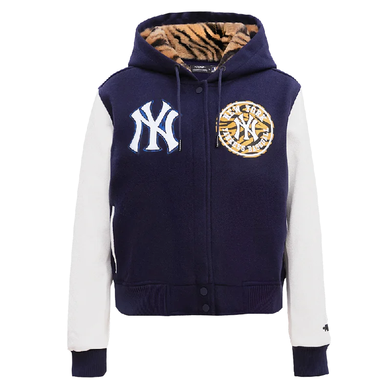 cozy oversized wrap coat for women -MLB NEW YORK YANKEES ANIMAL PRINT WOMEN'S FUR HOOD WOOL VARSITY JACKET (MIDNIGHT NAVY/WHITE)