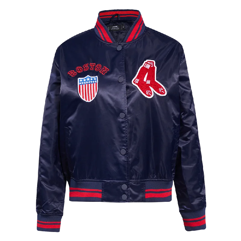 casual oversized shacket for women -MLB BOSTON RED SOX RETRO CLASSIC WOMEN'S RIB SATIN JACKET (MIDNIGHT NAVY/RED/MIDNIGHT NAVY)