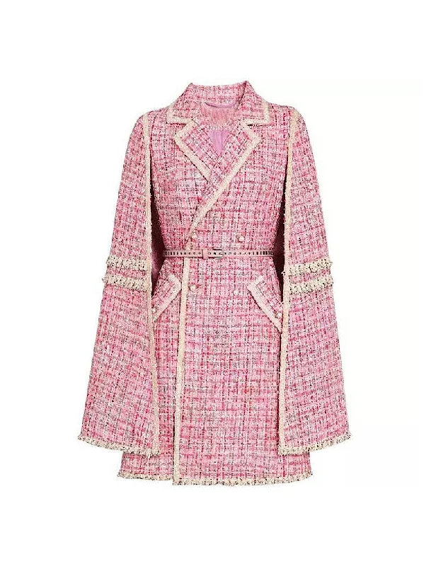 women's long trench coat -Pink Tweed Cape Belted Coat