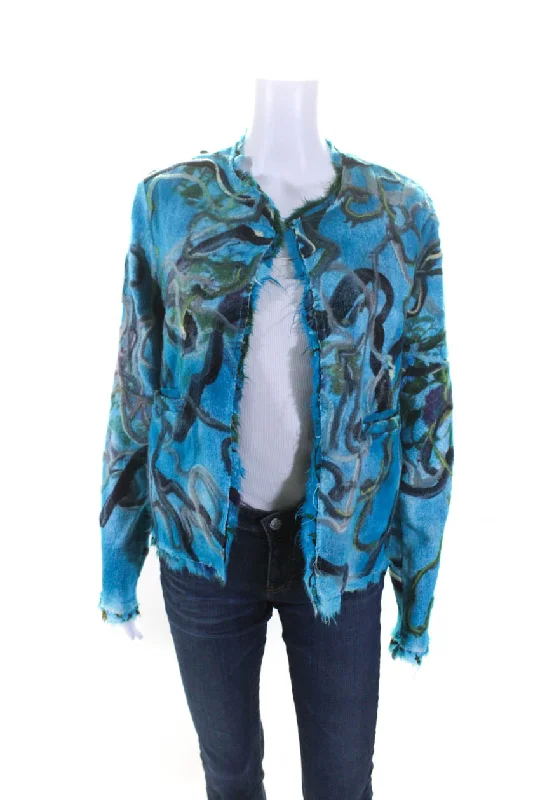 women's belted trench coat -Avant Toi Womens Blue Printed Linen Open Front Long Sleeve Jacket