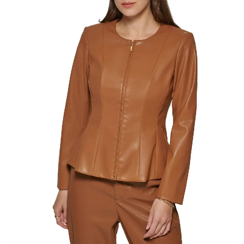 cropped faux leather jacket for women -DKNY Womens Faux Leather Light Weight Soft Shell Jacket