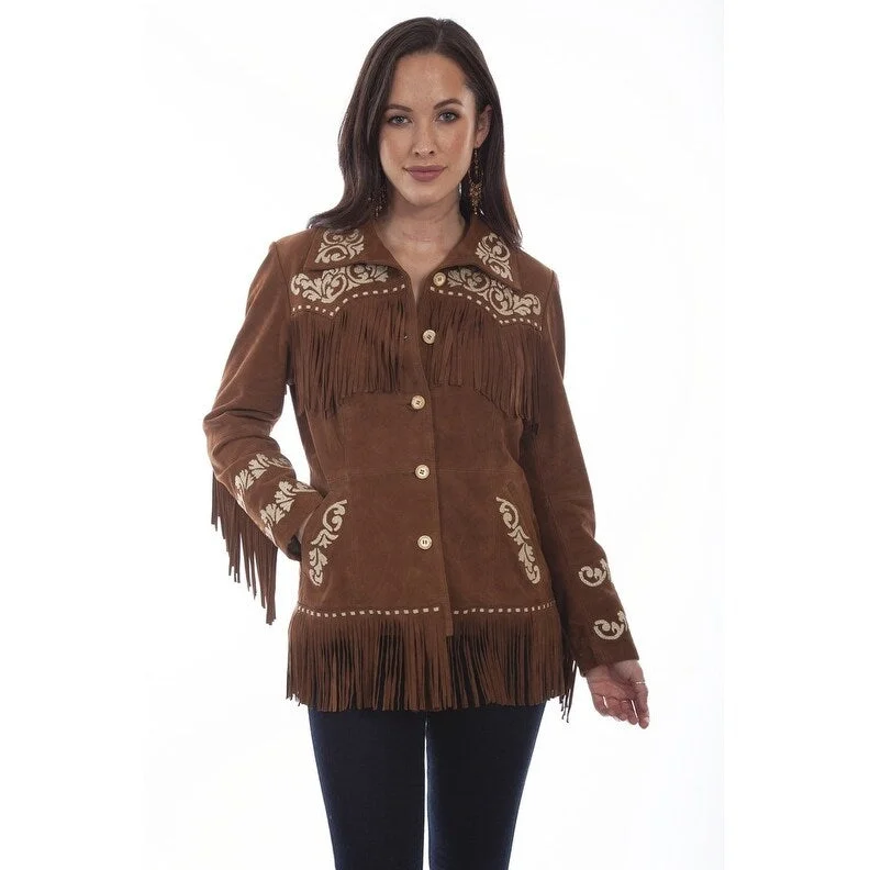 urban streetwear jacket for women -Scully Western Jacket Womens Embroidered Fringe Cinnamon F0_L1055