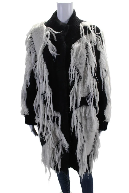 casual oversized shacket for women -Salvatore Ferragamo Womens Black White Fringe Textured Long Sleeve Jacket