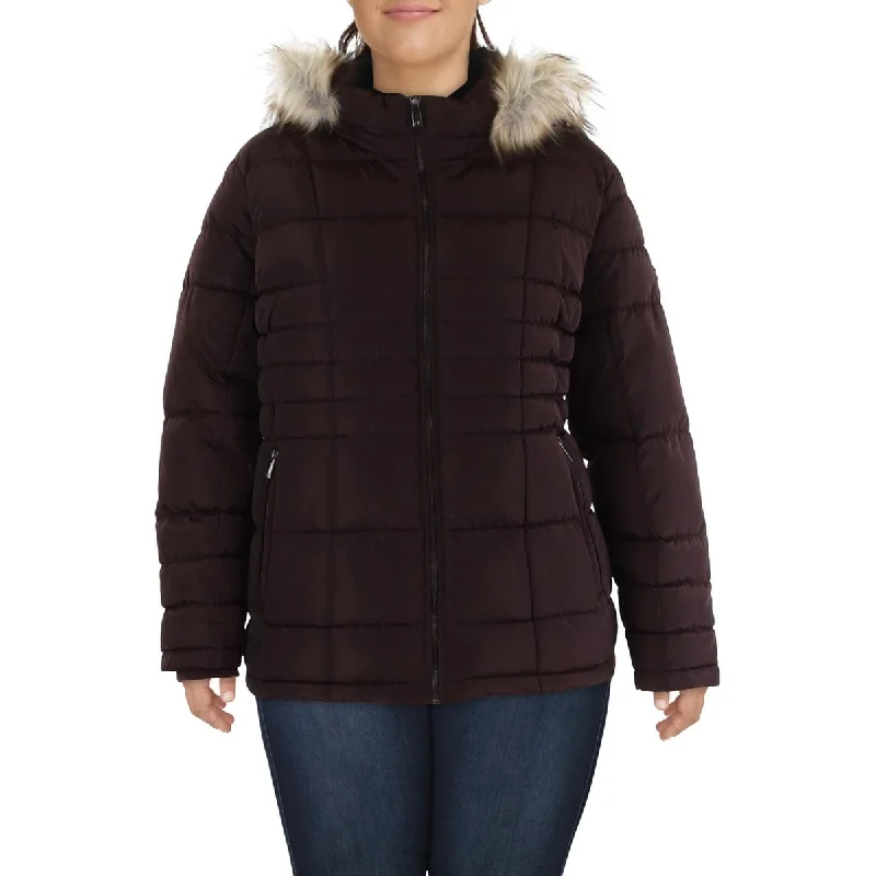 urban style cropped puffer jacket -Calvin Klein Womens Plus Faux Fur Lined Cold Weather Puffer Jacket