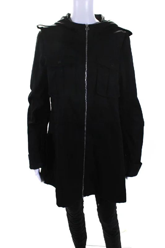 winter parka for women -Dion Lee Womens Cotton Cut-Out Zipped Hooded Long Sleeve Jacket Black