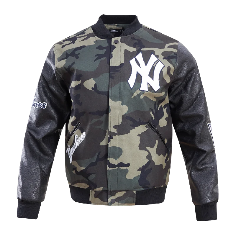 women's stylish blazer -MLB NEW YORK YANKEES CAMO LOGO VARSITY JACKET (BLACK/CAMO)