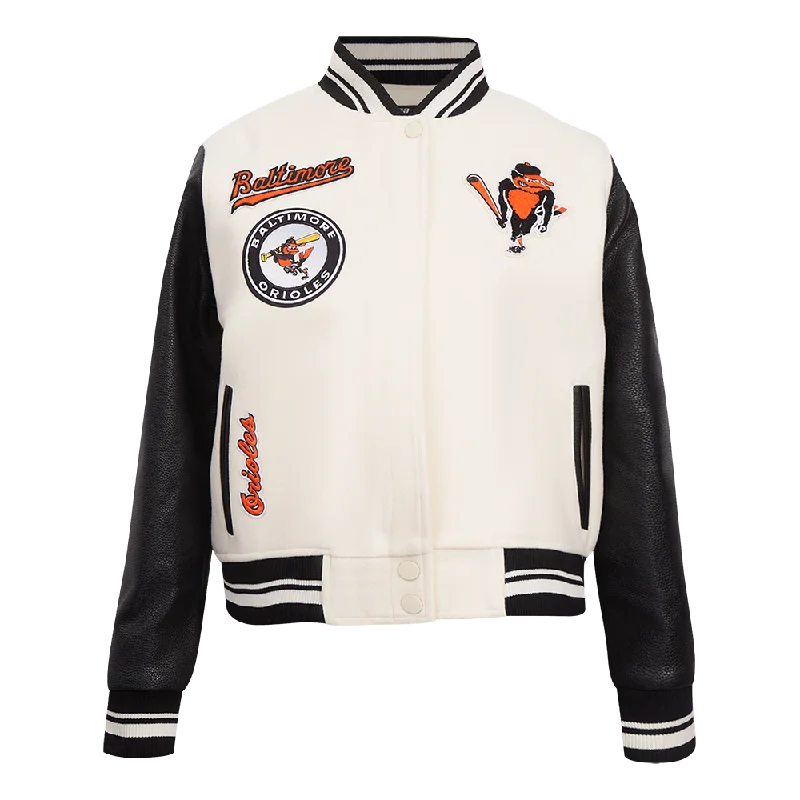 cozy teddy coat for ladies -MLB BALTIMORE ORIOLES RETRO CLASSIC WOMEN'S RIB WOOL VARSITY JACKET (EGGSHELL/ BLACK)