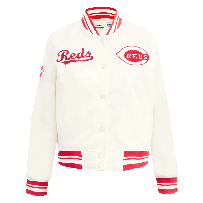 winter parka for women -MLB CINCINNATI REDS RETRO CLASSIC WOMEN'S RIB SATIN JACKET (EGGSHELL/ RED)