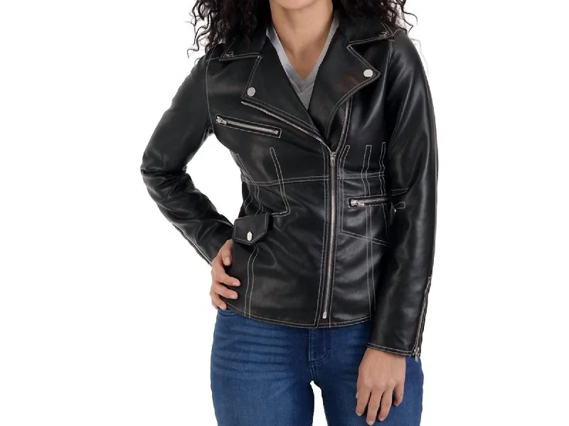 casual zip-up hoodie jacket for women -Faux Leather Biker Jacket In Black