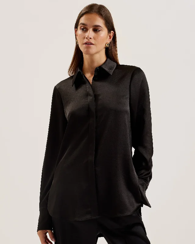 women's teddy bear coat -Sonora Long Line Satin Shirt Black