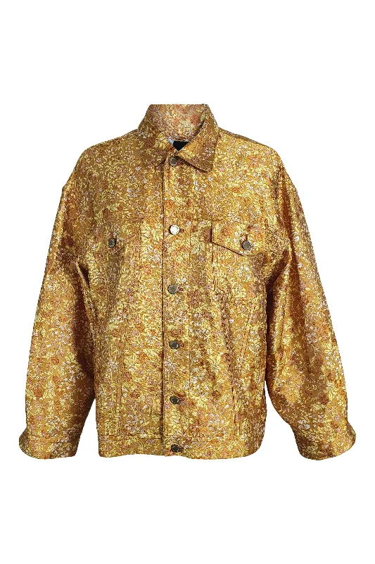 breathable softshell jacket for women -LITKOVSKAYA Rising Sun Yellow Silk Blend Floral Print Jacket (36 | UK 10 | US 6)