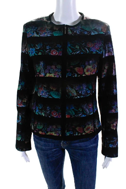 casual oversized shacket for women -Natto Womens Shimmer Floral Suede Crew Neck Full Zip Jacket Black Multi