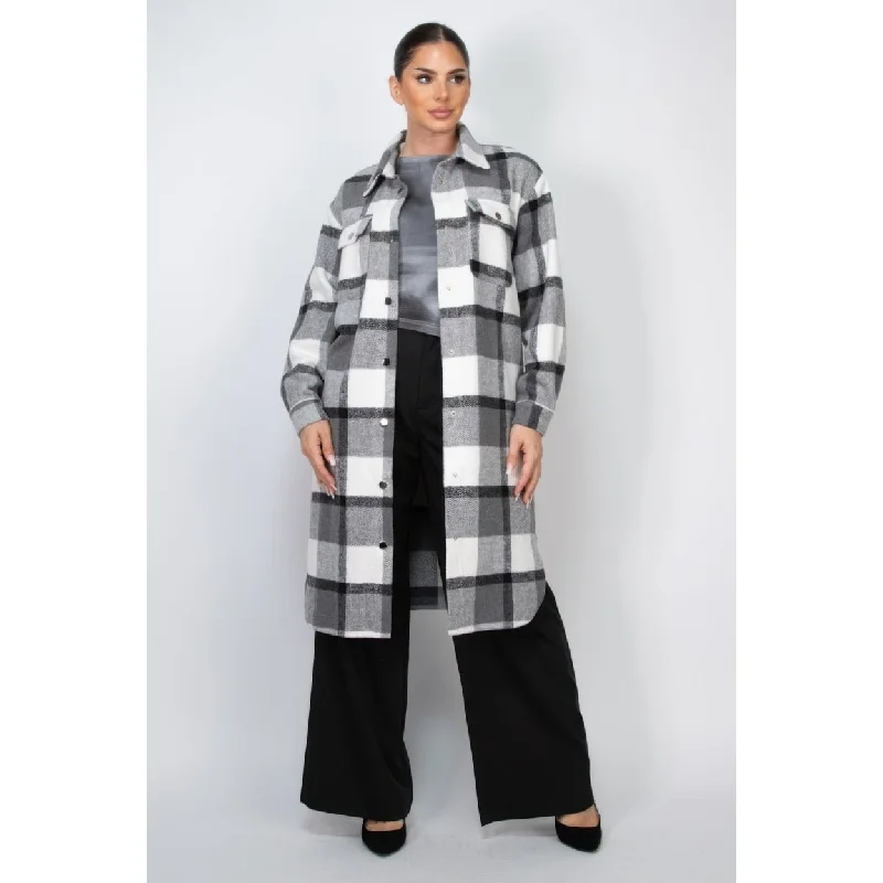 women's double-breasted coat -Plaid Buttoned Shacket Coat