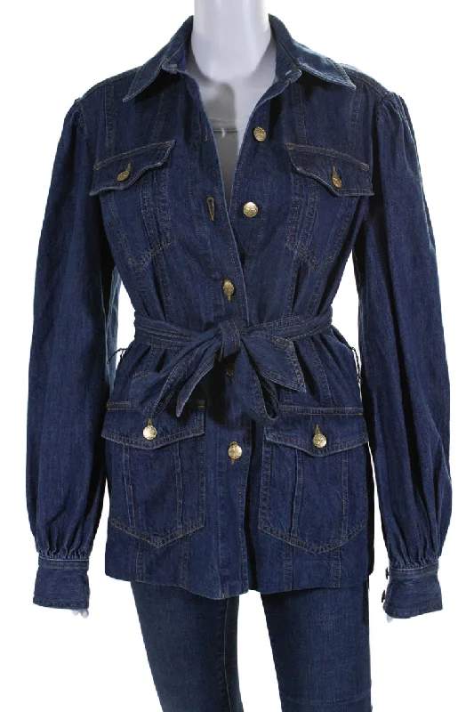 elegant long coat for women -Trina Turk Womens Denim Button Down Belted Odetta Jacket Blue Cotton