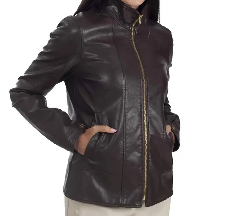 women's faux fur coat -Classic Racer Leather Jacket In Brown