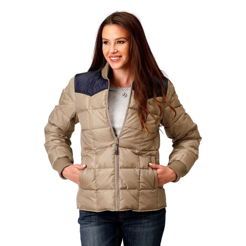 cozy oversized wrap coat for women -Roper Western Jacket Womens Quilted Zip Khaki 03-098-0761-0532 BR