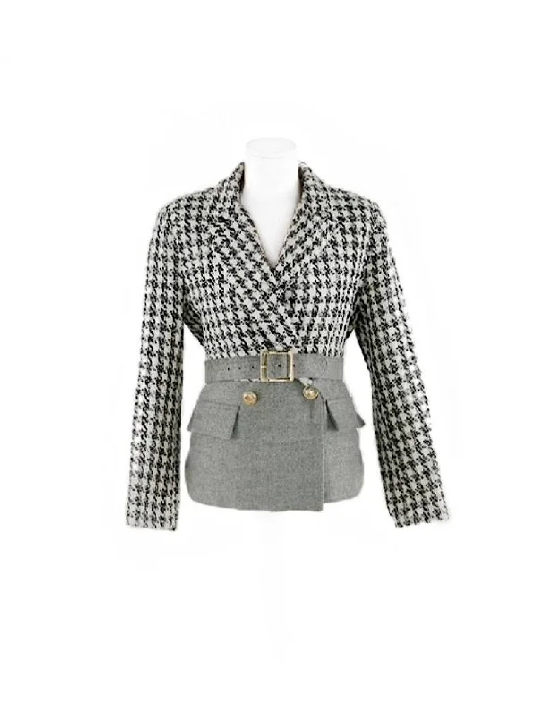 ladies' sporty windbreaker -Collared Half Tweed Belted Jacket