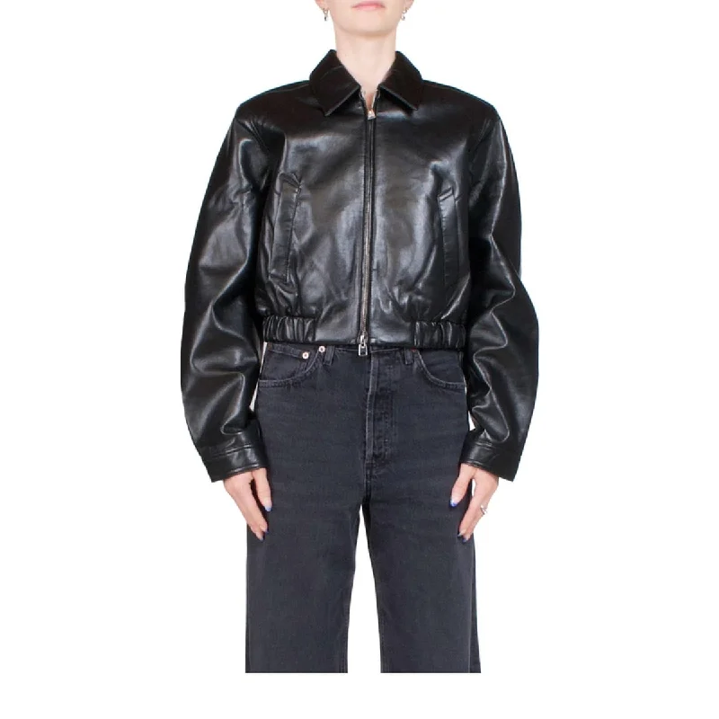 women's cropped bomber jacket -AGOLDE Women's Essie Recycled Leather Cropped Jacket Black