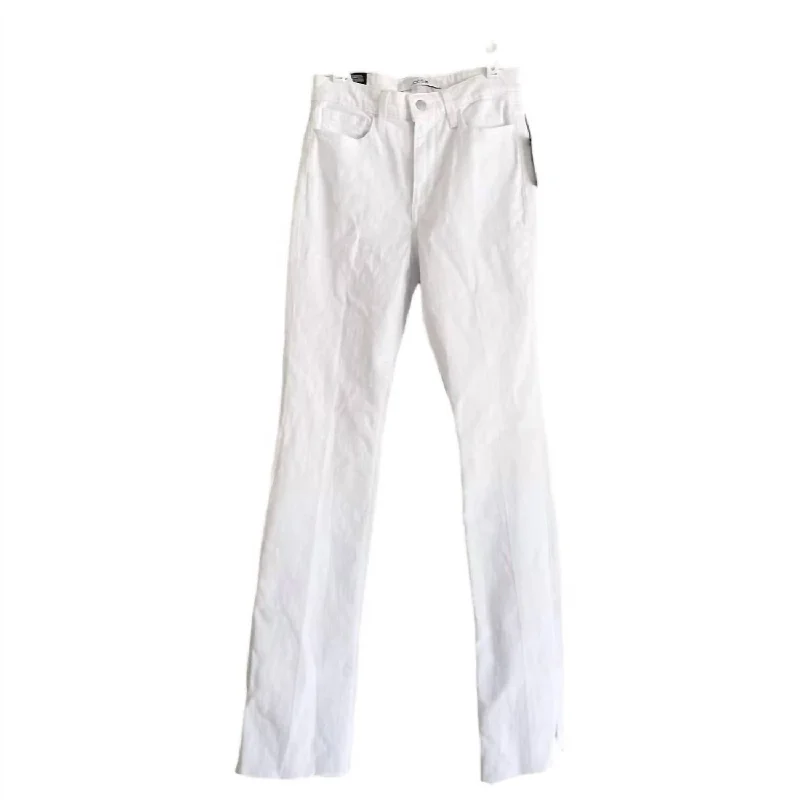 high-rise distressed jeans for women -Women's High Rise Bootcut Hem Slit Stretch Denim Jeans In White