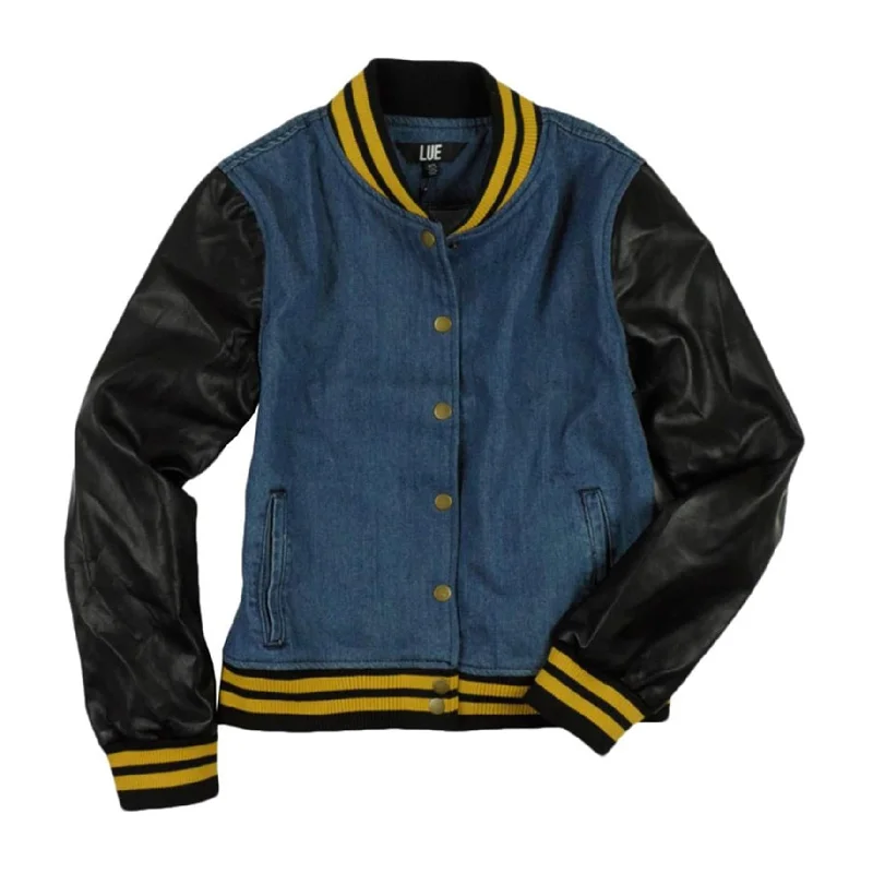 ladies' sporty windbreaker -Lue Womens Denim Faux Leather Jean Jacket