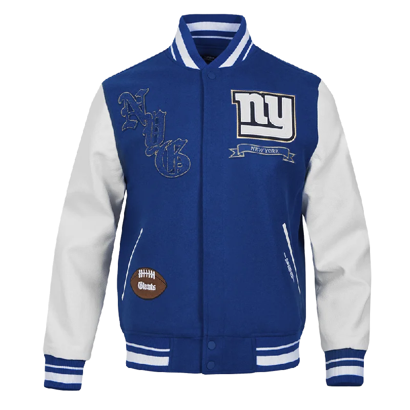 women's cropped bomber jacket -NFL NEW YORK GIANTS PRO PREP WOOL VARSITY JACKET (DODGER BLUE/WHITE)