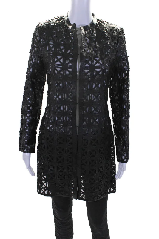 ladies' waterfall drape coat -In Transit 2 Womens Black Leather Mesh Crew Neck Long Sleeve Jacket