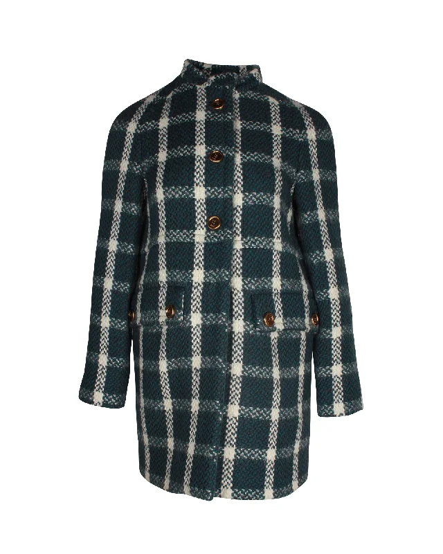 cropped faux leather jacket for women -Prada Checkered Coat in Blue Green Wool