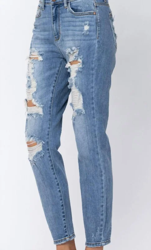 women's mid-rise skinny jeans -Hi Rise Destroyed Boyfriend Jeans In Blue