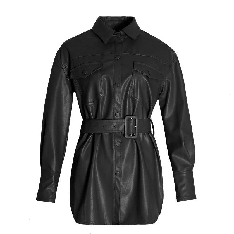 ladies' wool overcoat -Vegan Leather Button Down Belted Jacket