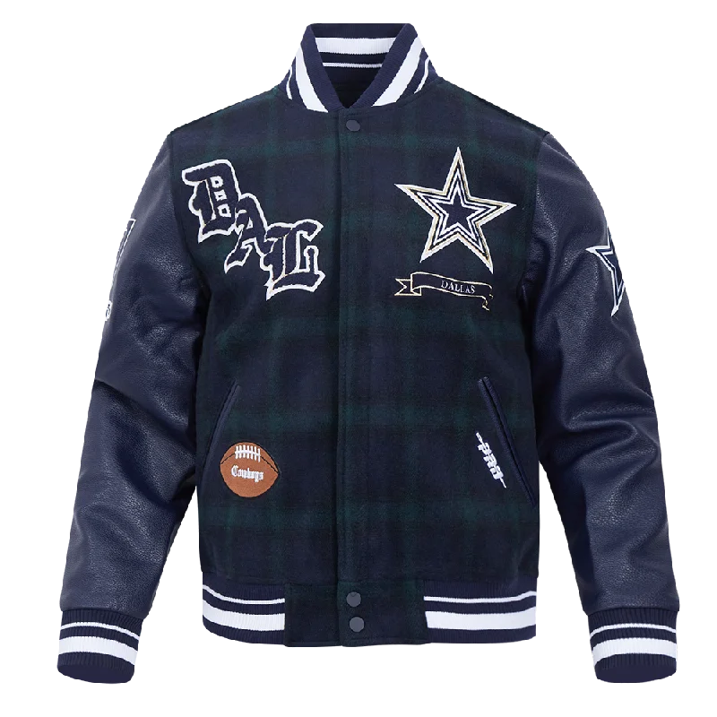 women's mid-length wool coat -NFL DALLAS COWBOYS PRO PREP PLAID WOOL VARSITY JACKET (FOREST GREEN/MIDNIGHT NAVY)