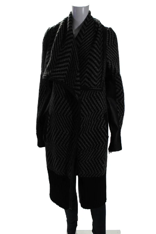 women's belted trench coat -Line Womens Chevron Print Leather Trim Open Long Coatigan Gray Black