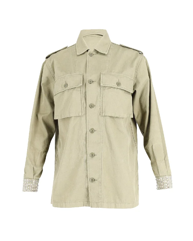 sleek minimalist coat for women -Saint Laurent Embellished Cuff Military Jacket in Light Khaki Cotton