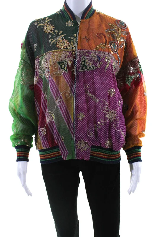 ladies' waterfall drape coat -Ashish Womens Salvaged Sari Patchwork Sequin Bomber Jacket Multicolor