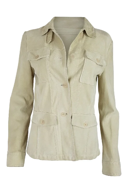 ladies' fleece zip-up jacket -JIL SANDER Cream Suede Jean Style Jacket (38)