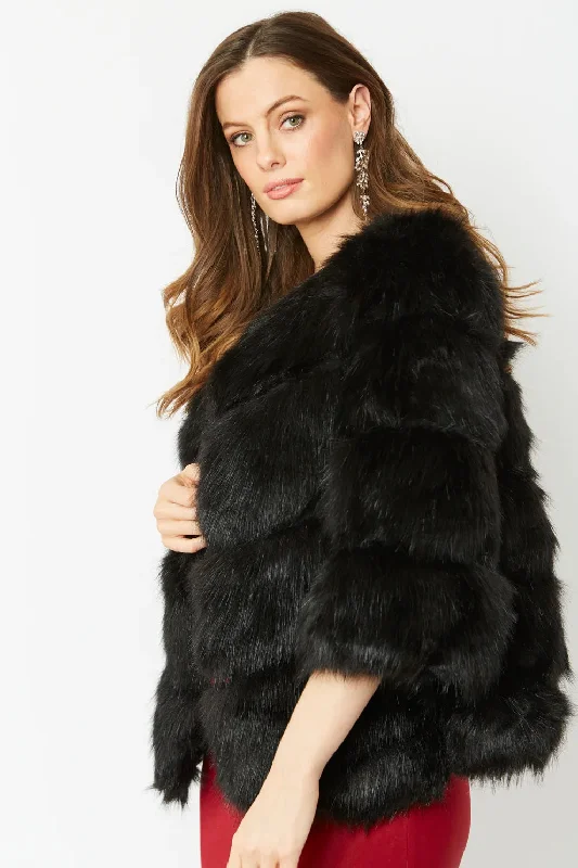 casual linen jacket for women -Black Faux Fur Ella Coat