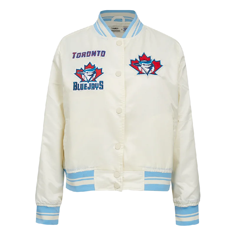 elegant wool cape for women -MLB TORONTO BLUE JAYS RETRO CLASSIC WOMEN'S RIB SATIN JACKET (EGGSHELL/ UNIVERSITY BLUE)