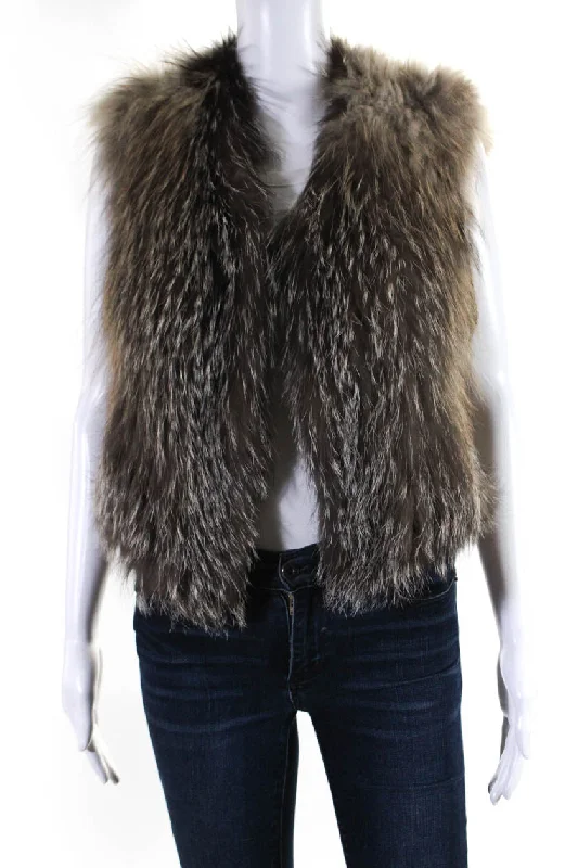 women's varsity bomber jacket -Vince Womens Hook Front V Neck Knitted Fox Fur Vest Jacket Brown