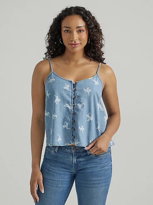 women's sheer mesh blouse -WOMEN'S WRANGLER Button Front Cami - Cowgirl/Chambray Blue