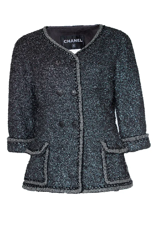 double-layered long coat for women -Metallic tweed jacket