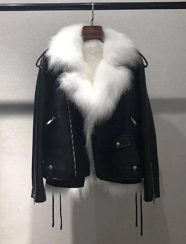 women's relaxed boyfriend blazer -Sheepskin Leather Biker Jacket With Fox Fur Vest Lining