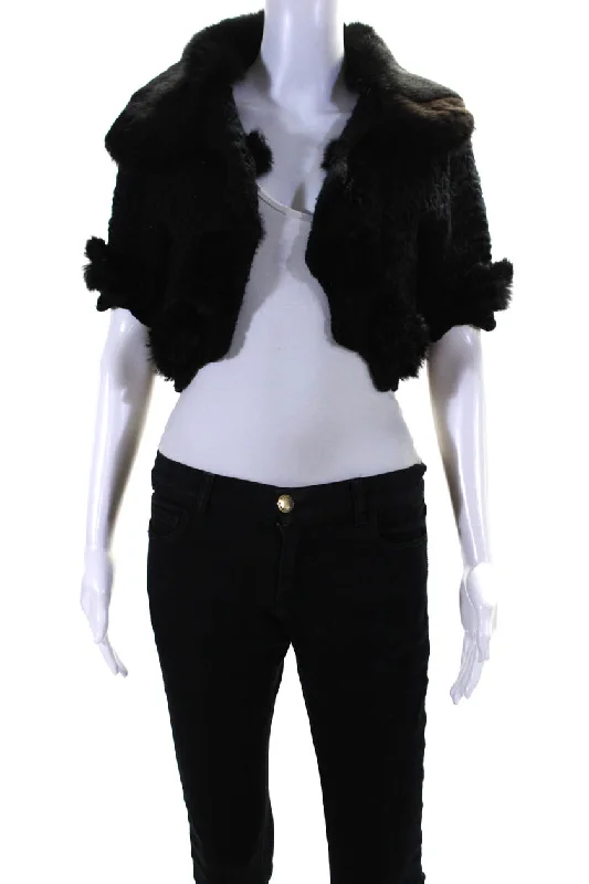 women's relaxed fit blazer -Christian Dior Womens Open Knit Rabbit Fur Trim Short Jacket Black Wool